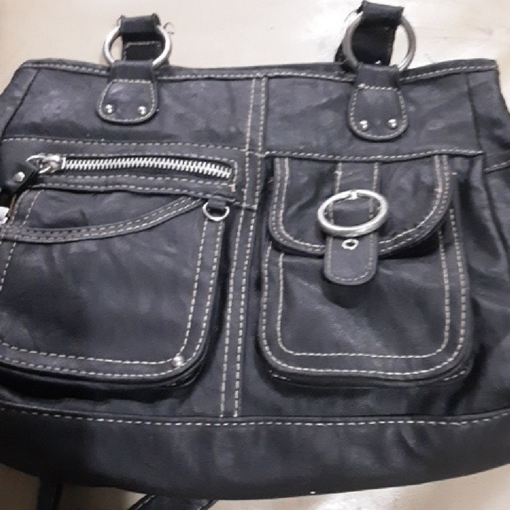 Rosetti Black Messenger Bag with Textured Material and Metal Hardware